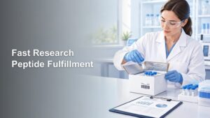 Laboratory worker in safety glasses and gloves places a small vial into an insulated shipping box beside rows of blue-capped vials; headline reads “Fast Research Peptide Fulfillment.”