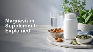 White supplement bottle beside a glass of water, almonds, pumpkin seeds, and leafy green plants, with the headline “Magnesium Supplements Explained.”
