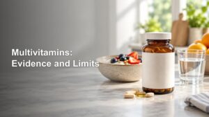 A blank-labeled amber supplement bottle with several pills beside it on a kitchen counter, with a bowl of fruit and grains, a glass of water, and the headline “Multivitamins: Evidence and Limits.”