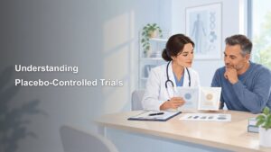 Illustrated healthcare consultation: a doctor shows two plain packets to a seated man beside trial documents, with the headline “Understanding Placebo-Controlled Trials” on the left.