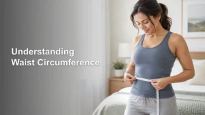 Woman in a bedroom measuring her waist with a tape measure beside the headline “Understanding Waist Circumference.”