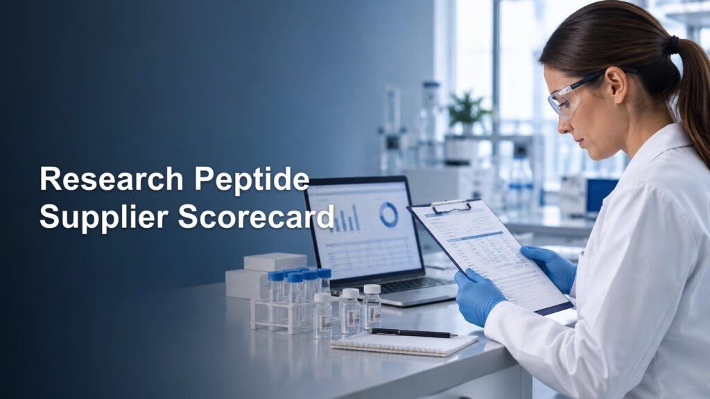 Laboratory researcher in safety glasses and blue gloves reviews a clipboard beside sample vials and a laptop displaying charts, with the headline “Research Peptide Supplier Scorecard” on a dark blue background.