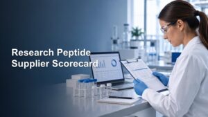 Laboratory researcher in safety glasses and blue gloves reviews a clipboard beside sample vials and a laptop displaying charts, with the headline “Research Peptide Supplier Scorecard” on a dark blue background.