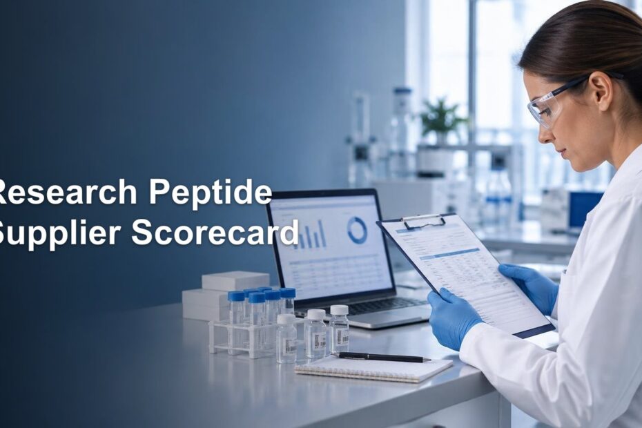 Laboratory researcher in safety glasses and blue gloves reviews a clipboard beside sample vials and a laptop displaying charts, with the headline “Research Peptide Supplier Scorecard” on a dark blue background.