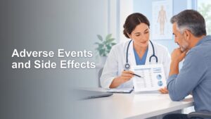 Illustrated clinician discussing a chart with an older man, with the headline “Adverse Events and Side Effects” on the left.