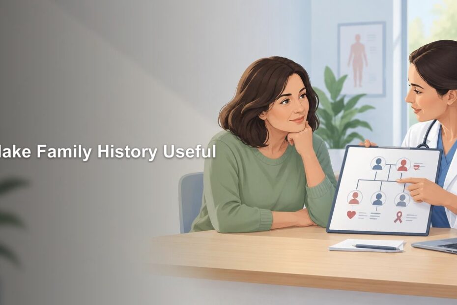Illustration of a doctor showing a family-tree health chart to a seated woman, with the headline “Make Family History Useful” on the left.