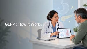 Clinician wearing a white coat discusses a tablet showing digestive-health illustrations with a seated man; headline reads “GLP-1: How It Works.”