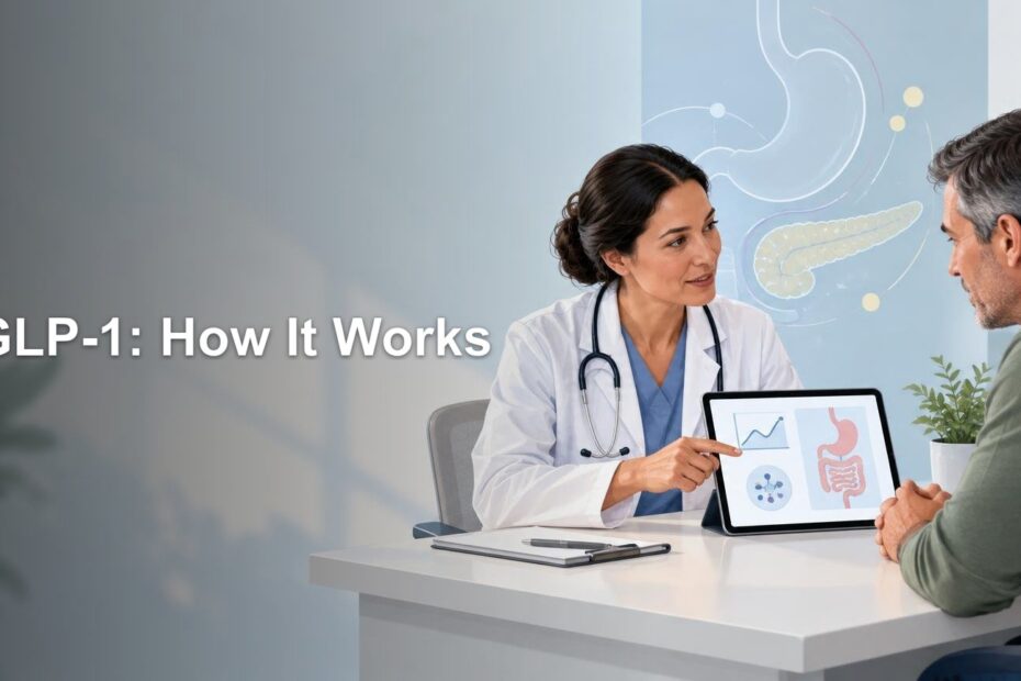 Clinician wearing a white coat discusses a tablet showing digestive-health illustrations with a seated man; headline reads “GLP-1: How It Works.”