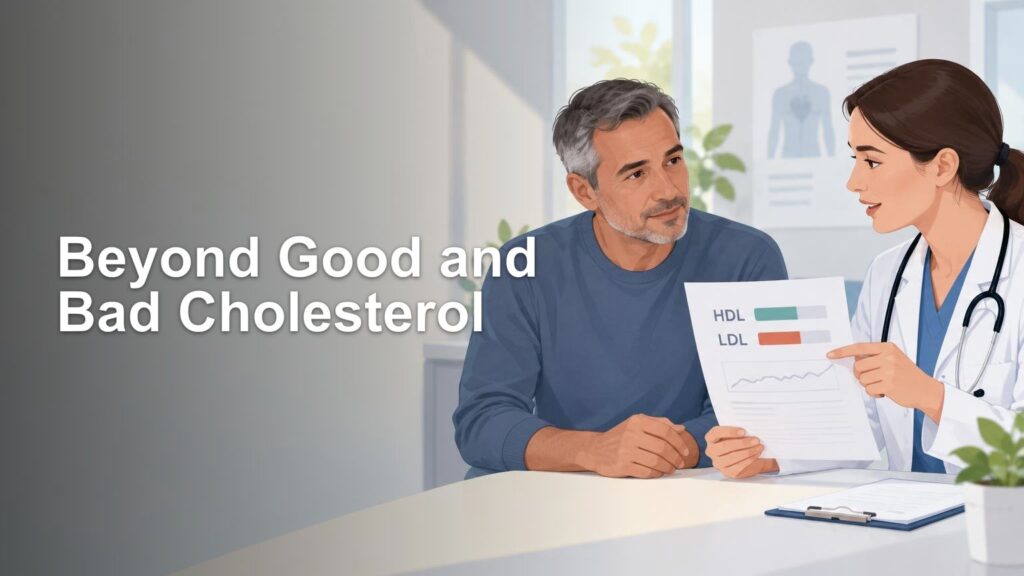 Illustrated healthcare consultation: a clinician discusses an HDL and LDL lab report with an older man at a desk, beside the headline “Beyond Good and Bad Cholesterol.”