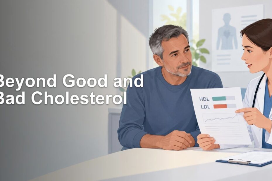Illustrated healthcare consultation: a clinician discusses an HDL and LDL lab report with an older man at a desk, beside the headline “Beyond Good and Bad Cholesterol.”