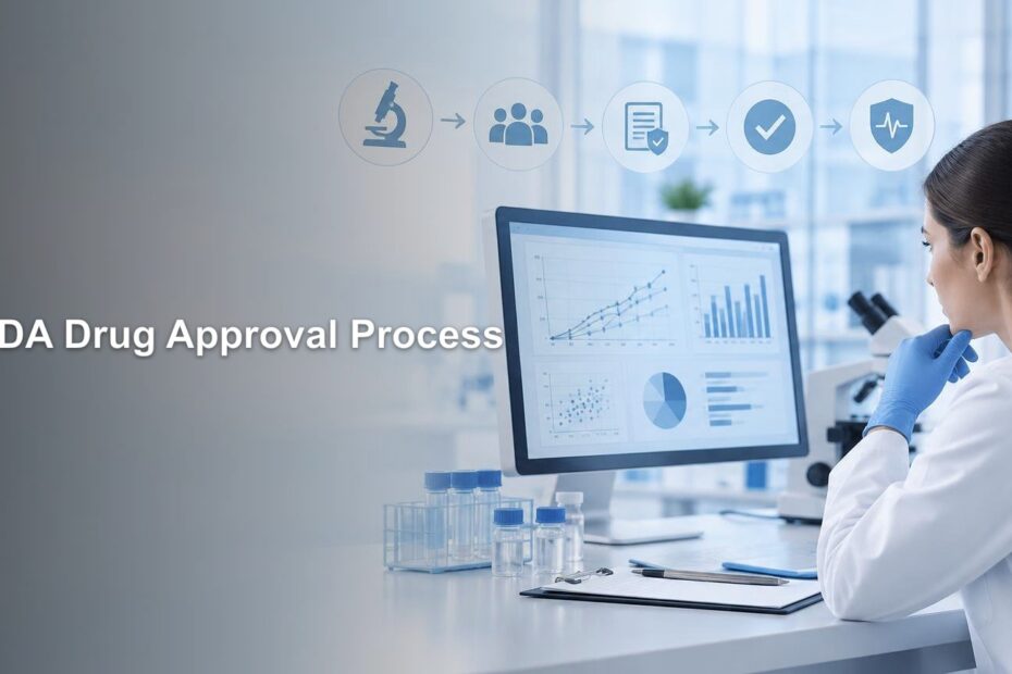 Lab researcher in a white coat studies charts on a monitor beside sample vials, with a row of blue drug-development process icons above and the headline “FDA Drug Approval Process” on the left.