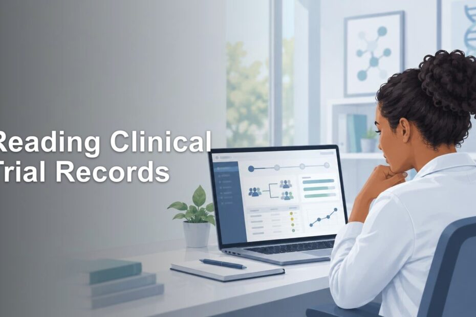 Illustrated clinician in a white coat viewing a laptop with a study dashboard in a bright office; large text reads “Reading Clinical Trial Records.”