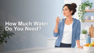 Illustrated woman in a kitchen holding a glass of water beside a reusable bottle and bowl of fruit, with the headline “How Much Water Do You Need?” on a gray background.
