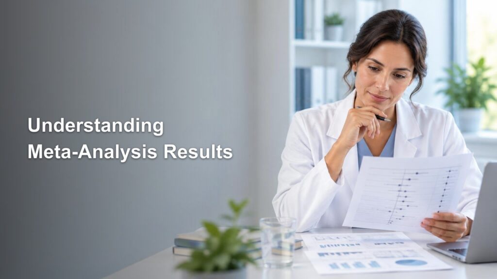 A clinician in a white coat reviews a chart with plotted study results at a desk beside a laptop, with the headline “Understanding Meta-Analysis Results” on a gray background.
