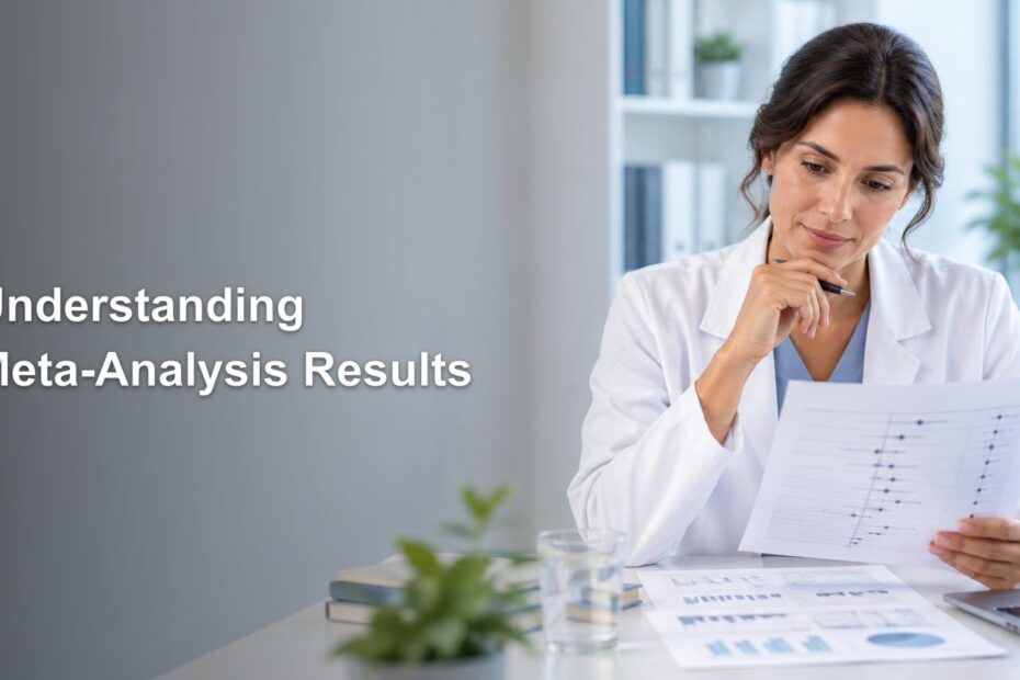 A clinician in a white coat reviews a chart with plotted study results at a desk beside a laptop, with the headline “Understanding Meta-Analysis Results” on a gray background.