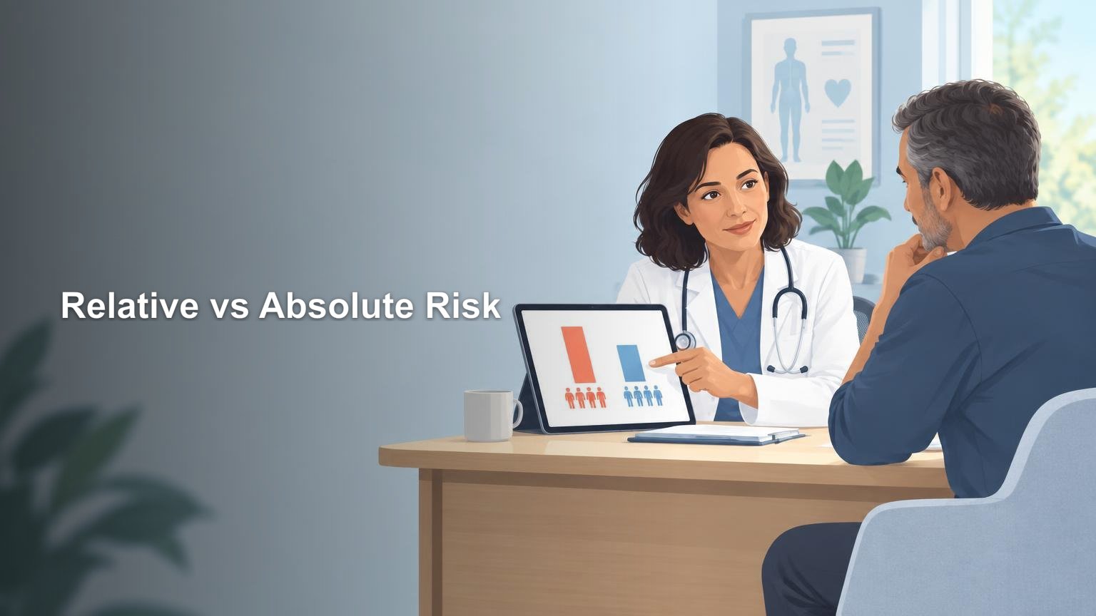 Illustration of a doctor discussing a bar chart with a seated patient at a desk, beside the headline “Relative vs Absolute Risk.”