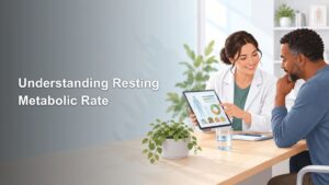 Illustration of a clinician discussing a tablet with body and nutrition charts with a seated man; headline reads “Understanding Resting Metabolic Rate.”